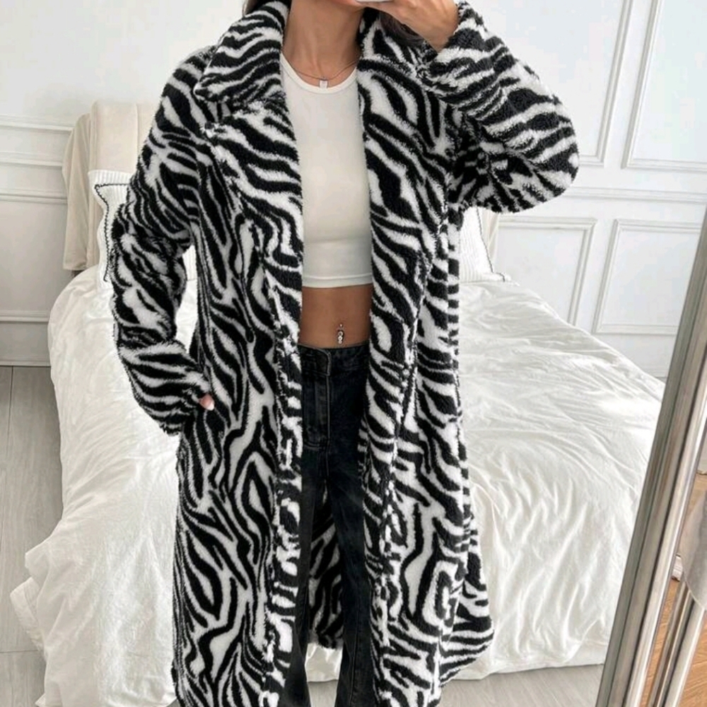 Women's Zebra Print Fluffy Long Coat - Picture 5 of 7